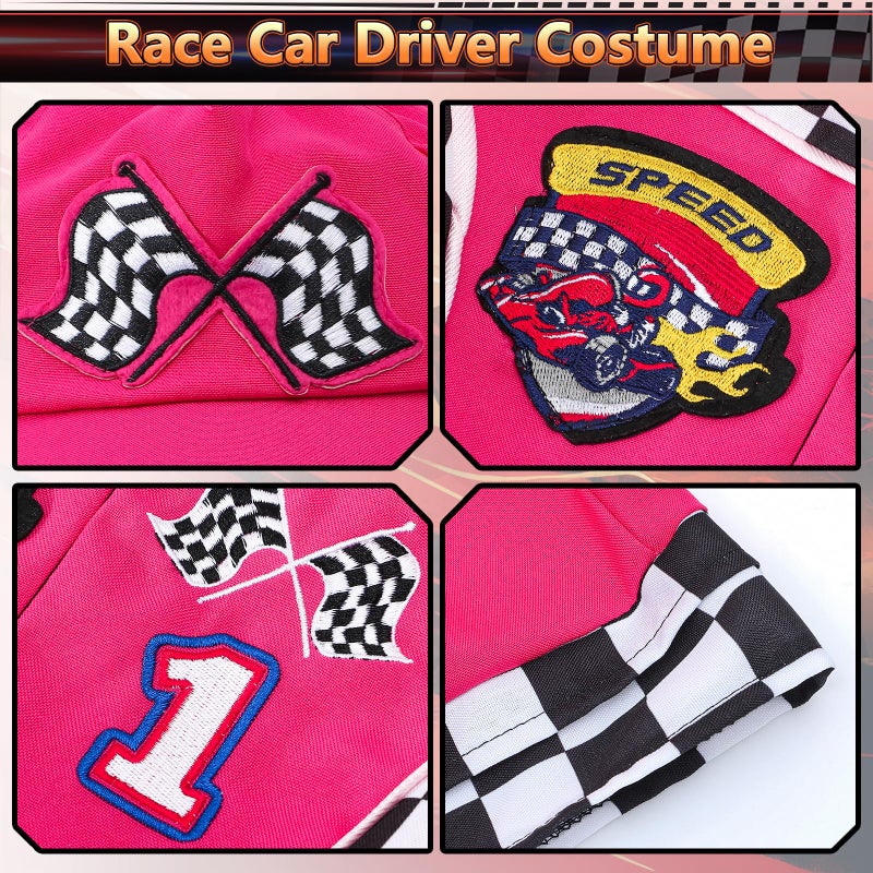 G.C 8pcs Kids Girls Race Car Driver Costume Toddler Racing Suit Rose Red Racer Dress Costumes Accessories Car Cap Knee Socks Sunglasses Flags Halloween Dress up Clothes (XS(4-6T)) - Image 4